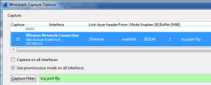 Wireshark options for capturing FTP traffic